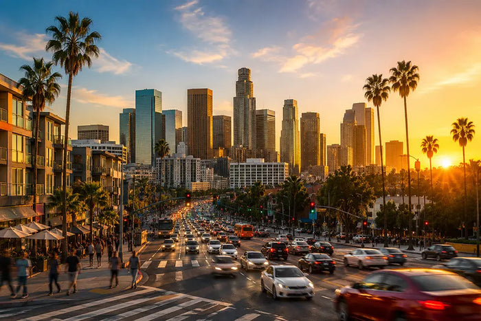 Downtown Los Angeles skyline at sunset with palm trees, busy traffic, and high-rise buildings glowing in golden light.