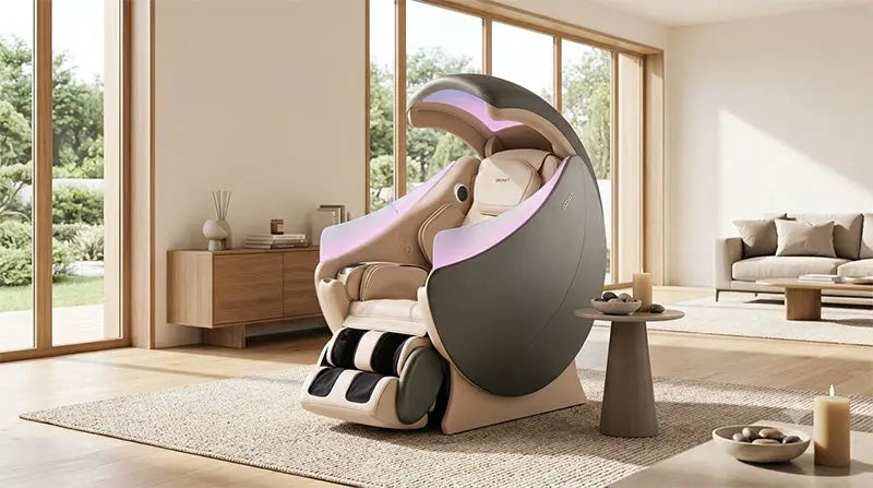 A sophisticated modern American home interior with OSIM uDream·AI Wellbeing Massage Chair as the centerpiece. The environment feels luxurious, clean, bright, and aspirational, featuring natural light, modern architecture, subtle wood accents, and wellness