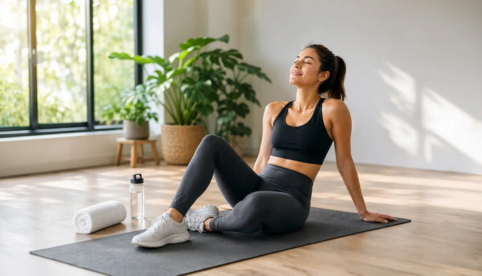 Woman in workout clothes resting on a yoga mat after exercise, supporting post-workout muscle recovery in a bright, relaxing indoor space.