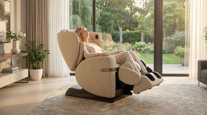 Woman using an OSIM massage chair for daily massage to support relaxation, posture, and recovery.