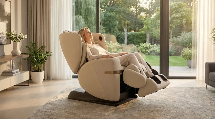 Woman using an OSIM massage chair for daily massage to support relaxation, posture, and recovery.