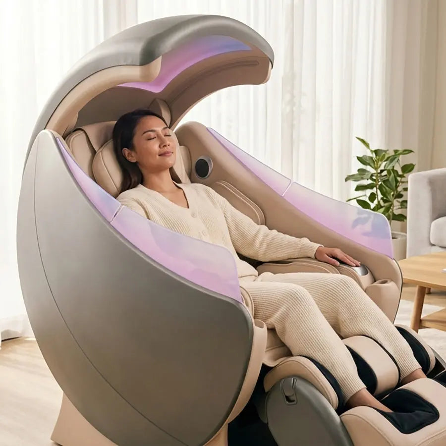 A woman relaxes in a premium OSIM uDream·AI massage chair with a hinged lid, set in a bright, modern living room with soft window light and a small plant in the background.