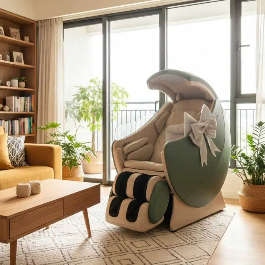 A modern premium OSIM uDream·AI massage chair in sage green and beige, styled in a bright, contemporary living room with a yellow sofa, wooden bookshelf, and potted plants.