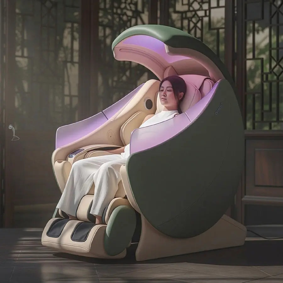 A woman reclines in a premium OSIM uDream·AI massage chair with a hinged lid, set in a dimly lit room with traditional wooden lattice windows. The chair features a color scheme of dark green, beige, and soft pink with purple LED lighting.